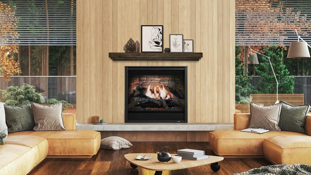 Inception electric fireplace with black fireplace front, designed into modern white oak wall with white marble hearth.