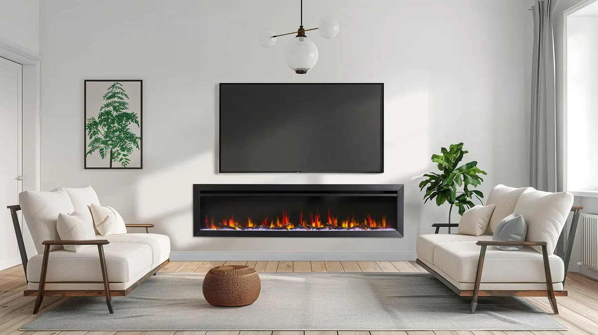 72-inch Allusion Slim electric fireplace in contemporary modern living room mounted below a TV.