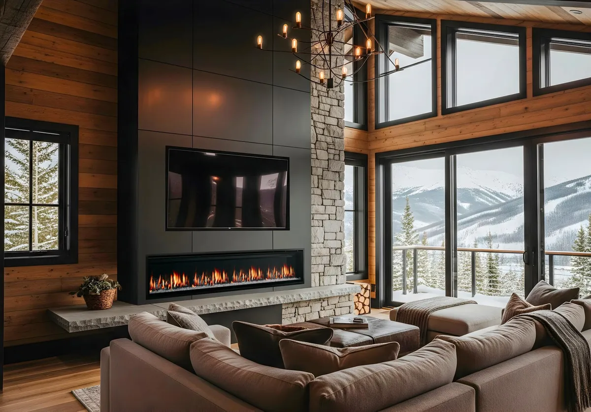 SimpliFire Allusion Edge 100 inch unit installed in a luxury cabin with mountain view outside large windows