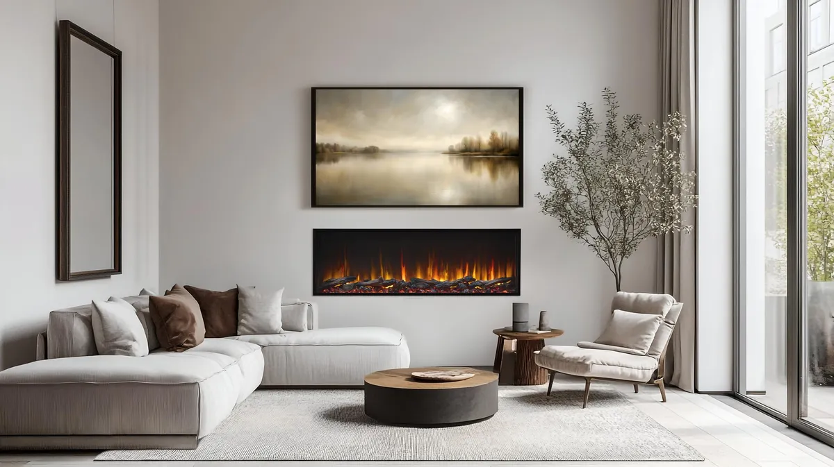 SimpliFire 55" linear electric fireplace in a modern living room.