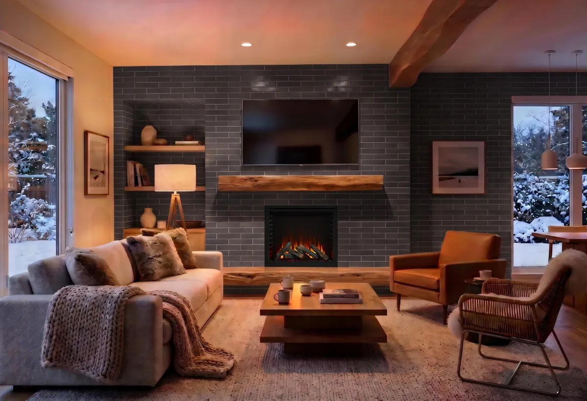 Allusion Heritage 36 inch traditional electric fireplace in an open concept living space with a subway tile surround during winter