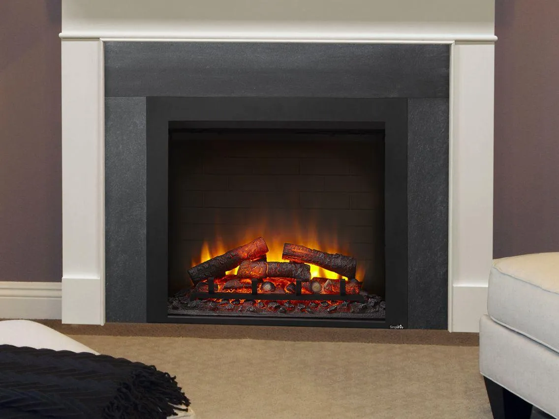 SimpliFire Built-In 30Ó electric fireplace with orange LED flames, glowing logs and lighted ember bed in living room.